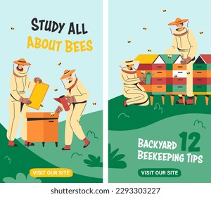 Backyard beekeeping tips, study all about bees. Hobby and recreation, making honey at home. Ariarists wearing uniform, tending insects. Visit our site for more information. Vector in flat style