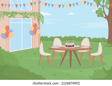 Backyard Birthday Party Flat Color Vector Illustration. Summertime Activities. Gifts And Helium Balloons. Backyard Summer Party 2D Simple Cartoon Landscape With Decorated Yard On Background