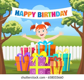 Backyard Birthday Party Scene. Cartoon Vector Illustration With With Happy Girl, Stack Of Gifts And Ribbon Banner Happy Birthday In Garden