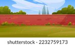 Backyard with brick wall, green lawn, trees, bushes. Vector cartoon illustration of red stone fence, summer park or garden landscape under clear blue sky. Privacy symbol. Outdoor activity background