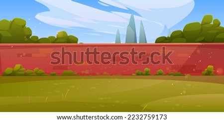 Backyard with brick wall, green lawn, trees, bushes. Vector cartoon illustration of red stone fence, summer park or garden landscape under clear blue sky. Privacy symbol. Outdoor activity background