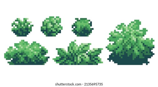 Backyard bushes pixel art icon set. Tropical shrub, logo collection. 8-bit sprite. Game development, mobile app.  Isolated vector illustration.