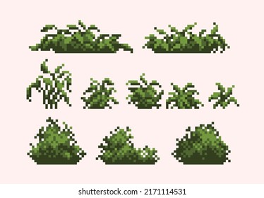 Backyard bushes pixel art icon set. Tropical shrub, logo collection. 8-bit sprite. Game development, mobile app. Isolated vector illustration.