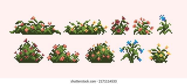 Backyard bushes pixel art icon set. Tropical shrub, logo collection. 8-bit sprite. Game development, mobile app. Isolated vector illustration.