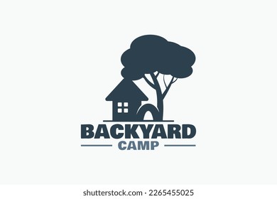 backyard camp logo with a combination of backyard camp lettering, house, tree and tent for any business especially for outdoor activities, camping, holidays, etc.