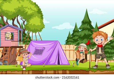 Backyard camping with kids illustration