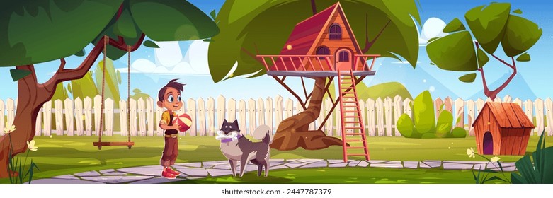 Backyard with children house on tree, swing and little kid boy with dog. Cartoon vector illustration summer suburban yard landscape with woods, grass and fence. Child with pet in country garden.