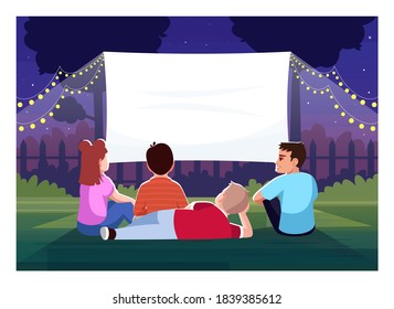 Backyard Cinema For Kids Semi Flat Vector Illustration. Teenagers Watch Film Together. Large Blank Screen For Movie Night. Children Outside 2D Cartoon Characters For Commercial Use