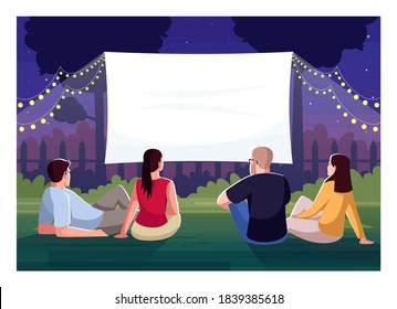 Backyard Cinema Watching Semi Flat Vector Illustration. Friends Lounge In Yard Together. Large Blank Screen For Weekend Movie Night. People Outside 2D Cartoon Characters For Commercial Use