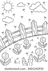 Backyard with dandelions, fence and grass. Summer sunny day. Background, coloring page, black and white vector illustration.