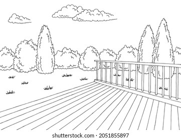 Backyard deck garden graphic black white sketch illustration vector
