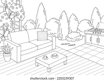 Backyard deck garden graphic black white sketch illustration vector 