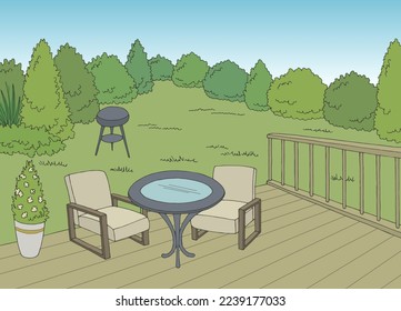 Backyard deck garden graphic color sketch illustration vector 