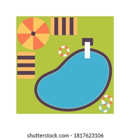 Backyard design with swimming pool on green grass background vector illustration.