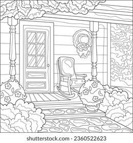 Patio trasero con puerta, silla, plantas y flores. Libro de coloración para adultos, ilustración vectorial en blanco y negro. Arte de línea.