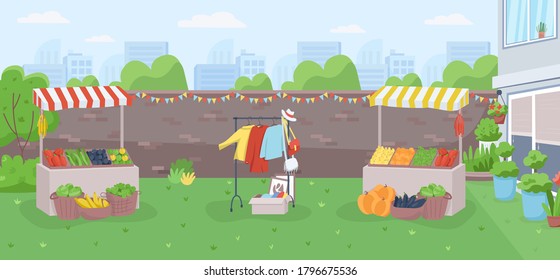 Backyard farmer market flat color vector illustration. Public community event for local trade. Counters for harvest sale. Urban marketplace 2D cartoon landscape with cityscape on background