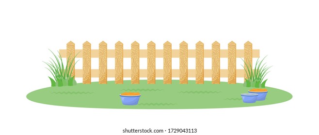 Backyard with fence flat color vector illustration. Playground for domestic animal. Feeding bowl on green grass. Suburb yard. Garden 2D cartoon landscape with wooden barrier on background