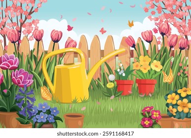 Backyard with a fence, flowers in pots and a watering can. Beautiful spring landscape. Blooming garden. Flower care.