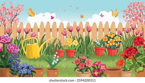 Backyard with a fence, flowers in pots and a watering can. Beautiful spring landscape. Blooming garden. Flower care.