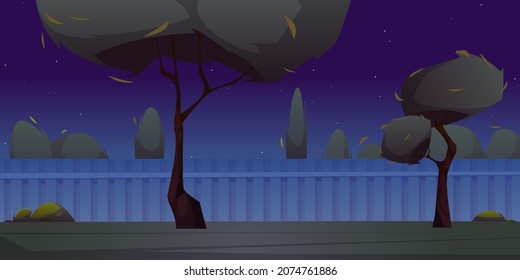 Backyard with fence, grass and trees at night. Vector cartoon illustration of empty suburb house yard, garden or park. Summer landscape with lawn and stars in dark sky