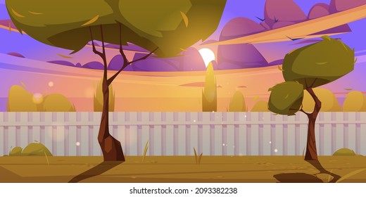 Backyard with fence, grass and trees at sunset. Vector cartoon illustration of empty suburb house yard, garden or park at evening. Autumn landscape with lawn and fencing