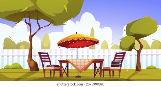 Backyard With Fence, Table, Chairs, Umbrella, Green Trees And Grass. Vector Cartoon Illustration Of Summer Landscape Of Patio Or Garden With Furniture For Picnic On Lawn