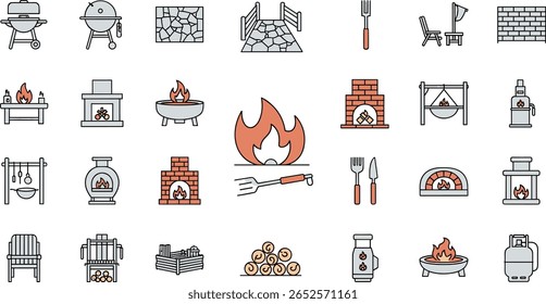 Backyard firepit outdoor features line icon set. Vector pictograms of kitchen, patio, fireplace, chiminea, pizza oven, firewood, propane tank, thin linear