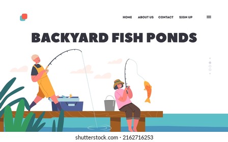 Backyard Fish Ponds Landing Page Template. Children Fishing with Rods on Wooden Lake Pier, Boy and Girl Fishermen Fun on Pond. Kids Characters Active Summer Leisure. Cartoon People Vector Illustration