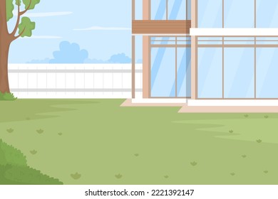 Backyard Flat Color Vector Illustration. Private Property. Luxury Real Estate. Summertime Activities. House Garden And Yard. Fully Editable 2D Simple Cartoon Landscape With House On Background