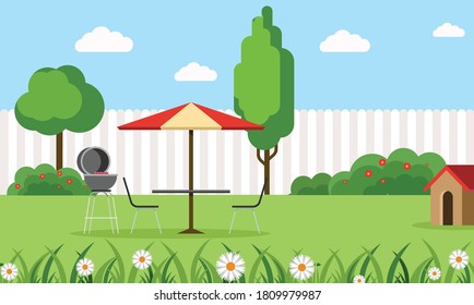 backyard flat illustration with a barbeque set table 