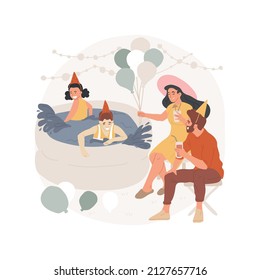 Backyard fun isolated cartoon vector illustration Family life, Birthday celebration, kids splashing water, inflated pool, balloons, children backyard party, having fun outdoors vector cartoon.