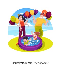 Backyard fun isolated cartoon vector illustration. Family life, Birthday celebration, kids splashing water, inflated pool, balloons, children backyard party, having fun outdoors vector cartoon.