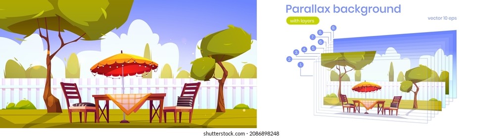 Patio trasero con muebles para picnic sobre césped. Antecedentes vectoriales paralelos para animación 2d con dibujos animados paisaje de verano de patio o jardín con valla, mesa, sillas, paraguas, árboles verdes y hierba