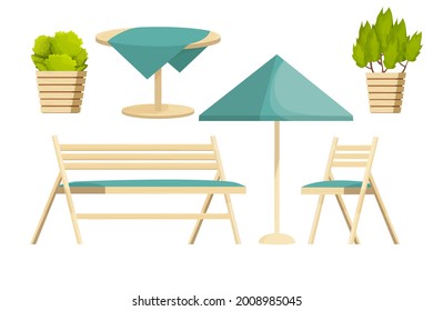 Backyard furniture set chair, wooden bench, table with tablecloth and plants in cartoon style isolated on white background. Luxury collection, patio leisure