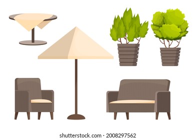 Backyard furniture set, comfortable armchair, sofa, parasol, table with tablecloth and plants in cartoon style isolated on white background. Luxury collection, patio leisure