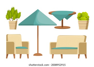 Backyard furniture set, comfortable armchair, sofa, parasol, table with tablecloth and plants in cartoon style isolated on white background. Luxury collection, patio leisure