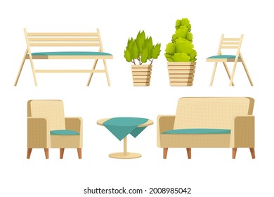 Backyard furniture set, comfortable armchair, sofa, wooden bench, table with tablecloth and plants in cartoon style isolated on white background. Luxury collection, patio leisure