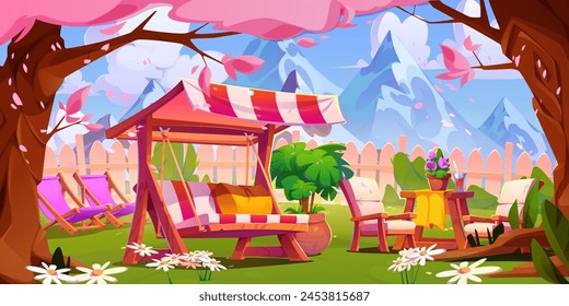 Backyard garden with fence and mountain on background. Japanese pink tree and grass on back yard near table, chair and swing. Cherry blossom scene for spring party in modern lounge environment