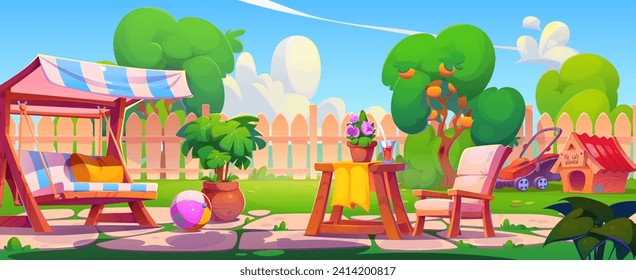 Backyard garden with furniture and fence. Vector cartoon illustration of swing, wooden armchair, cocktail glass on barbecue table, lawn mower, trees and flower pots under blue sky, dog house, toy ball