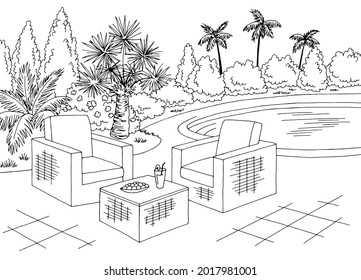 Backyard garden graphic black white sketch illustration vector 