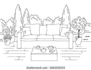 Backyard garden graphic black white sketch illustration vector 