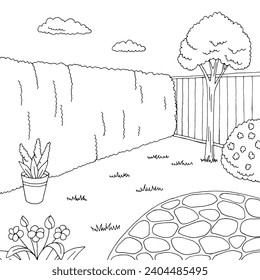 Backyard garden graphic black white sketch illustration vector 