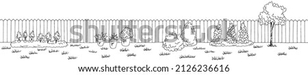 Backyard garden graphic black white long landscape sketch illustration vector 