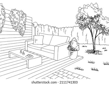 Backyard garden graphic landscape black white sketch illustration vector 