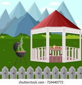 Backyard Garden house bbq Vector illustration mountains backgrounds