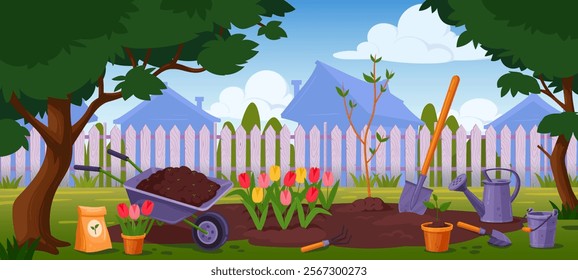 Backyard garden landscape. Spring gardening cartoon background, home back yard with fence green grass lawn tulip flowers shovel wheelbarrow, agriculture tidy vector illustration original artwork