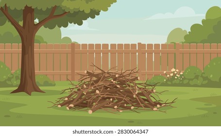 Backyard garden with a large pile of cut wooden tree branches and logs sitting on green grass near a fence.