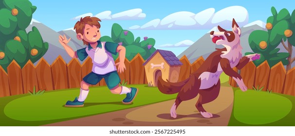 Backyard garden playtime scene with young boy and excited dog - fenced yard with wood kennel, citrus trees, mountain backdrop and path through lawn. Child owner play with pet on yard of suburban house