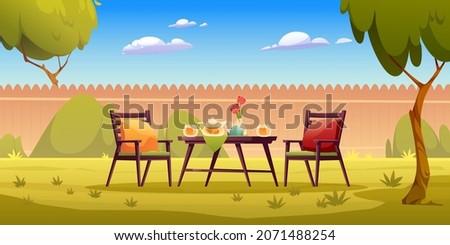 Backyard garden with served table, teapot, cups, flowers and chairs with soft pillows. Cottage barbecue area with fence and trees. Summer morning breakfast at home park, Cartoon vector illustration