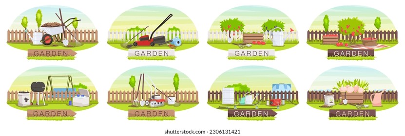 Backyard garden set collection with cultivated soil, shovel, pitchfork, watering can, wheelbarrow, fence. Colorful gardening images or icons with lawn isolated on white background. Vector illustration